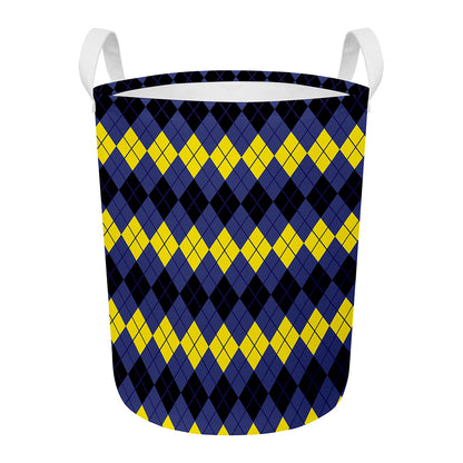 Black Yellow And Blue Argyle Print Round Laundry Basket