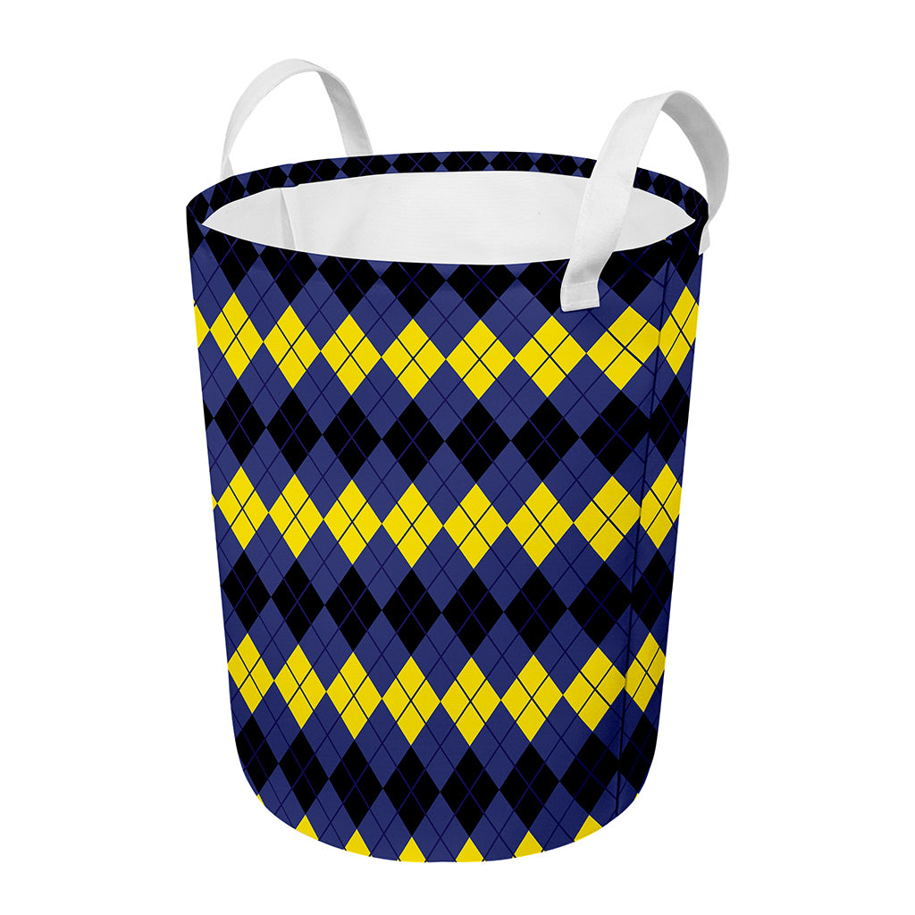 Black Yellow And Blue Argyle Print Round Laundry Basket