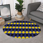 Black Yellow And Blue Argyle Print Round Rug