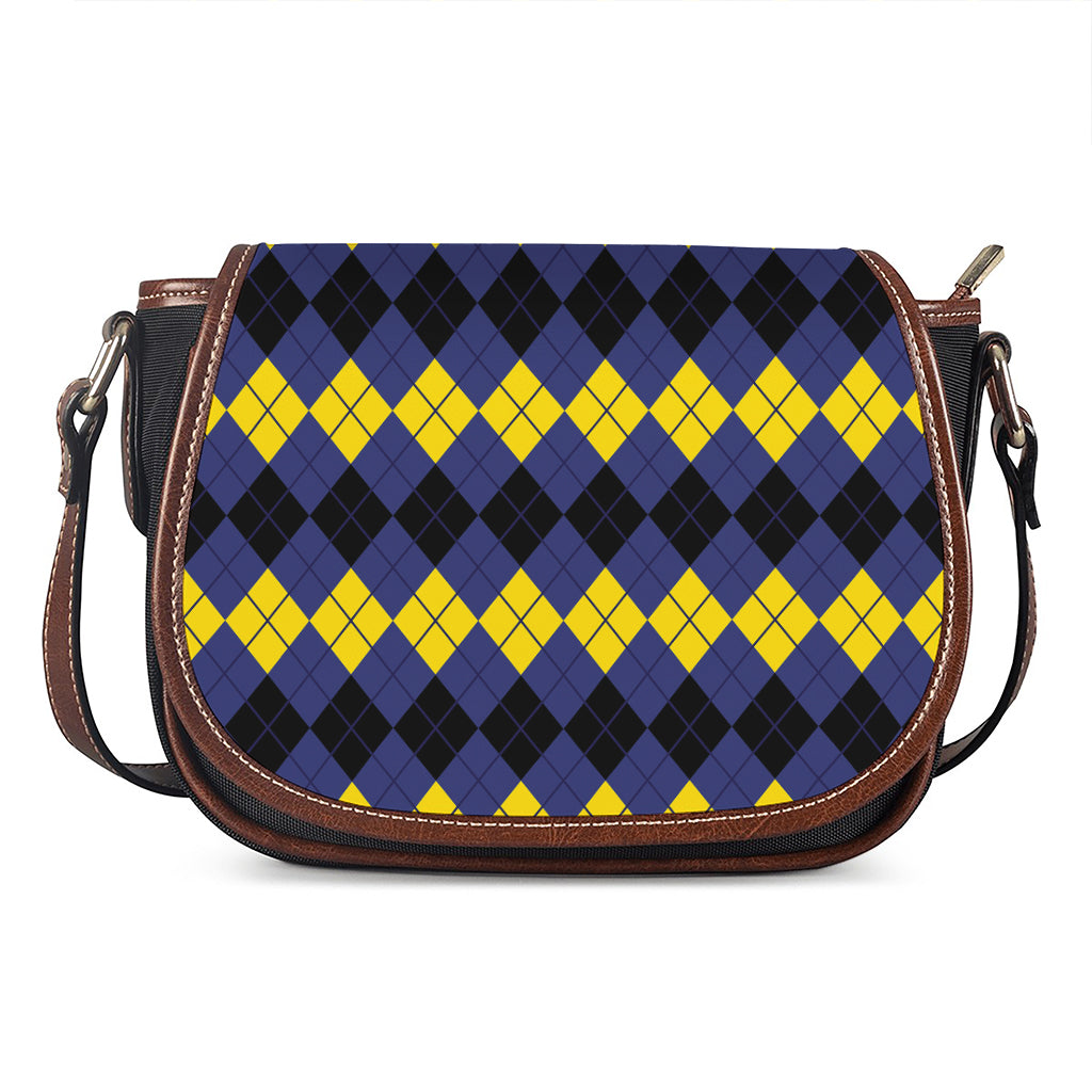 Black Yellow And Blue Argyle Print Saddle Bag