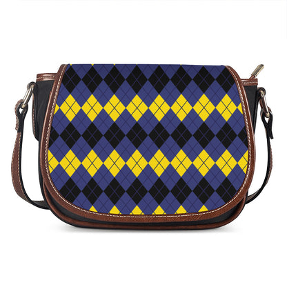 Black Yellow And Blue Argyle Print Saddle Bag