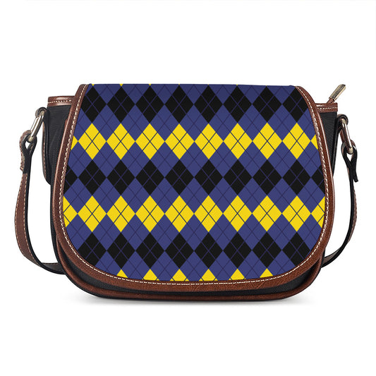 Black Yellow And Blue Argyle Print Saddle Bag