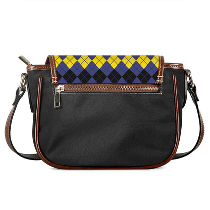 Black Yellow And Blue Argyle Print Saddle Bag