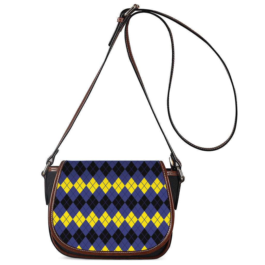 Black Yellow And Blue Argyle Print Saddle Bag