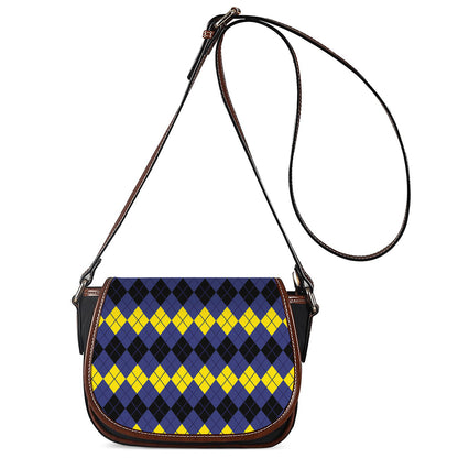 Black Yellow And Blue Argyle Print Saddle Bag