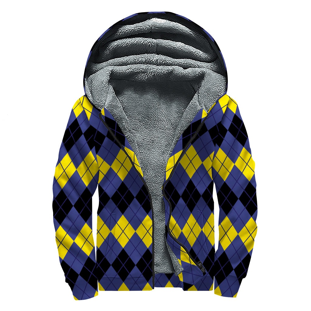 Black Yellow And Blue Argyle Print Sherpa Lined Zip Up Hoodie