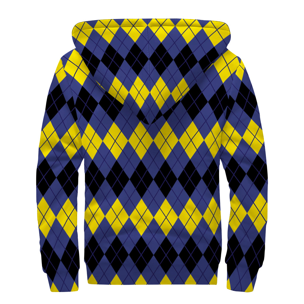 Black Yellow And Blue Argyle Print Sherpa Lined Zip Up Hoodie