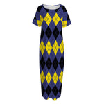 Black Yellow And Blue Argyle Print Short Sleeve Long Nightdress