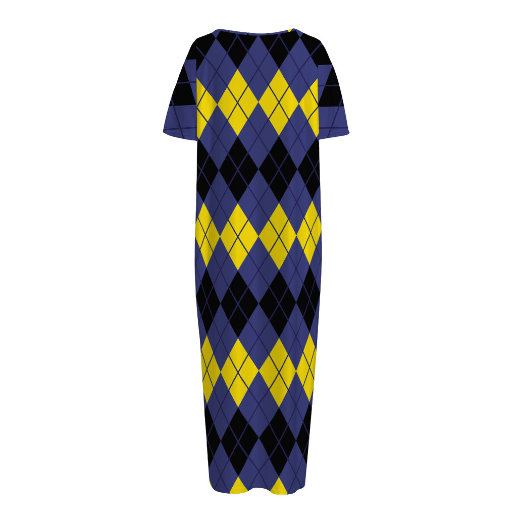 Black Yellow And Blue Argyle Print Short Sleeve Long Nightdress