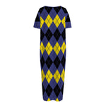 Black Yellow And Blue Argyle Print Short Sleeve Long Nightdress