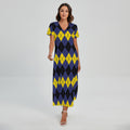Black Yellow And Blue Argyle Print Short Sleeve Maxi Dress