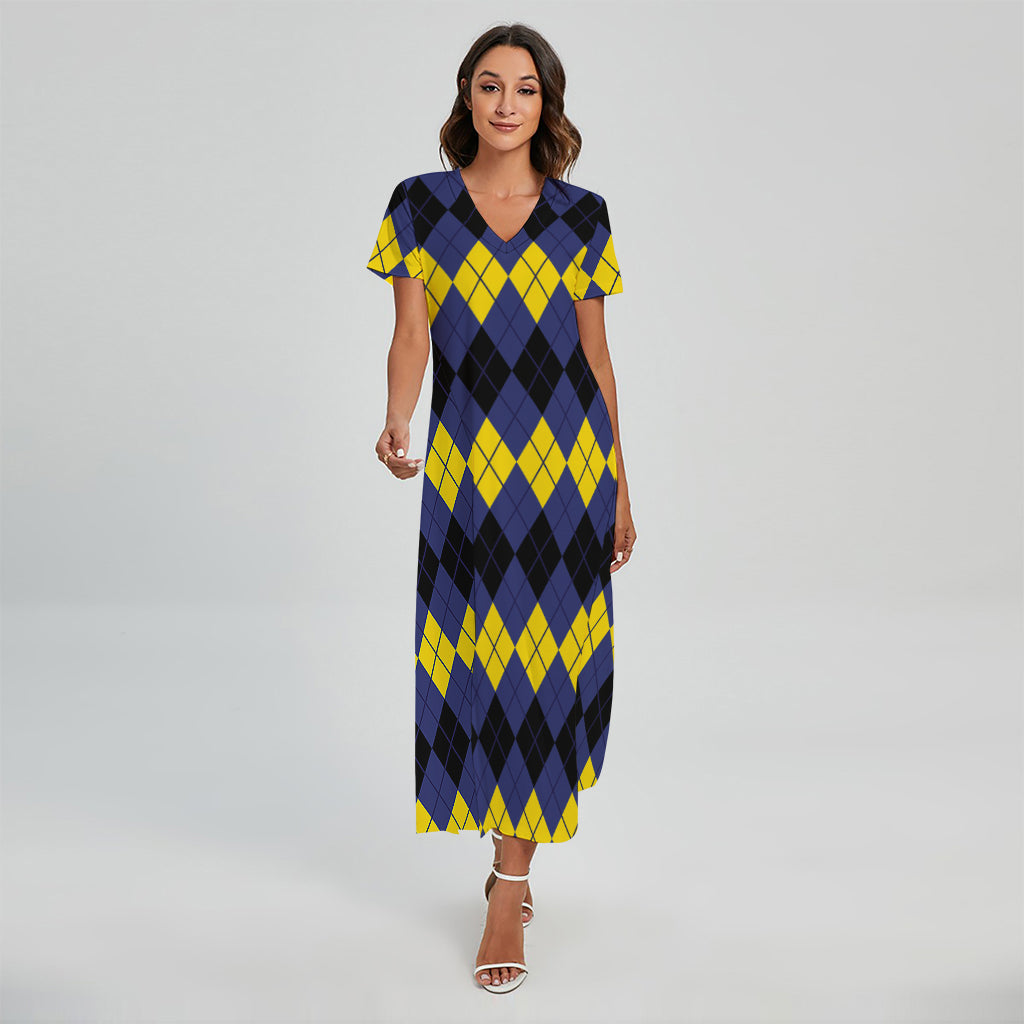 Black Yellow And Blue Argyle Print Short Sleeve Maxi Dress