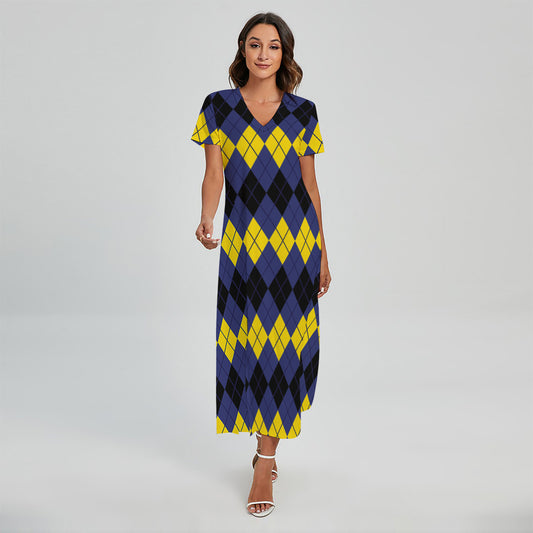 Black Yellow And Blue Argyle Print Short Sleeve Maxi Dress