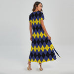Black Yellow And Blue Argyle Print Short Sleeve Maxi Dress