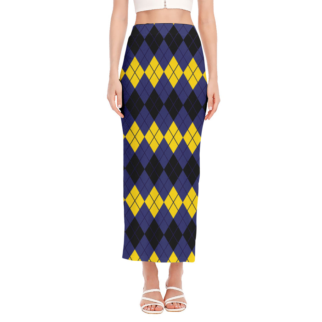 Black Yellow And Blue Argyle Print Side Slit Maxi Skirt