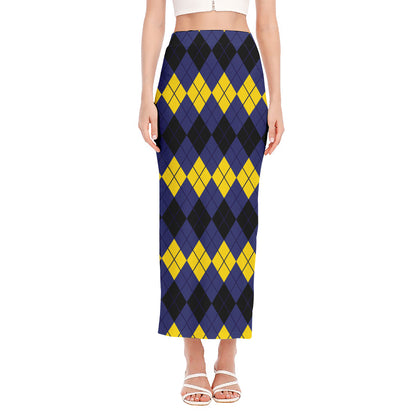 Black Yellow And Blue Argyle Print Side Slit Maxi Skirt