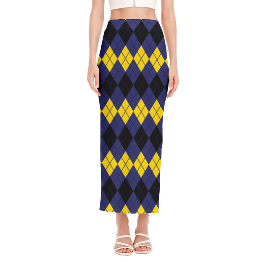 Black Yellow And Blue Argyle Print Side Slit Maxi Skirt