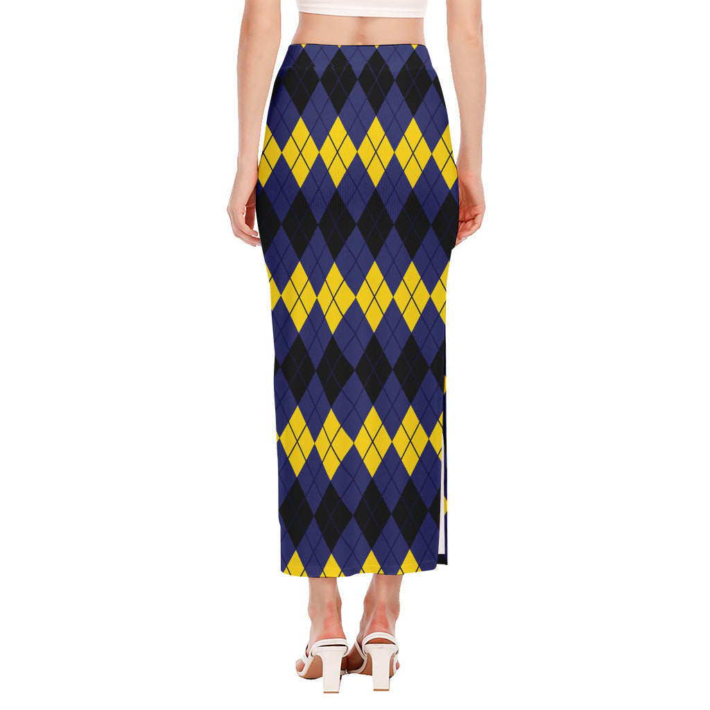 Black Yellow And Blue Argyle Print Side Slit Maxi Skirt