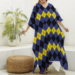 Black Yellow And Blue Argyle Print Silk V-Neck Kaftan Dress