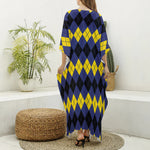 Black Yellow And Blue Argyle Print Silk V-Neck Kaftan Dress