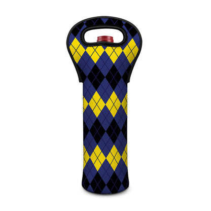 Black Yellow And Blue Argyle Print Single Neoprene Wine Tote
