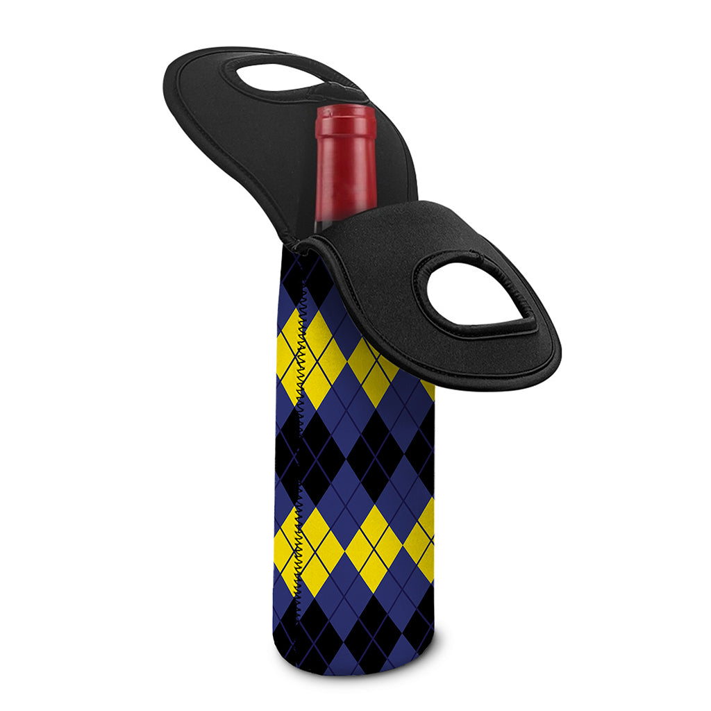 Black Yellow And Blue Argyle Print Single Neoprene Wine Tote