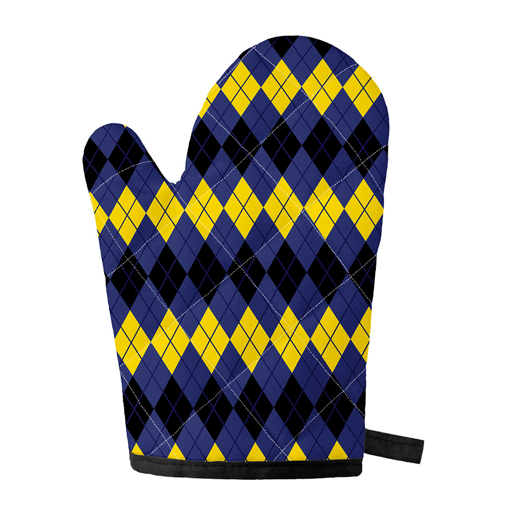 Black Yellow And Blue Argyle Print Single Oven Mitt