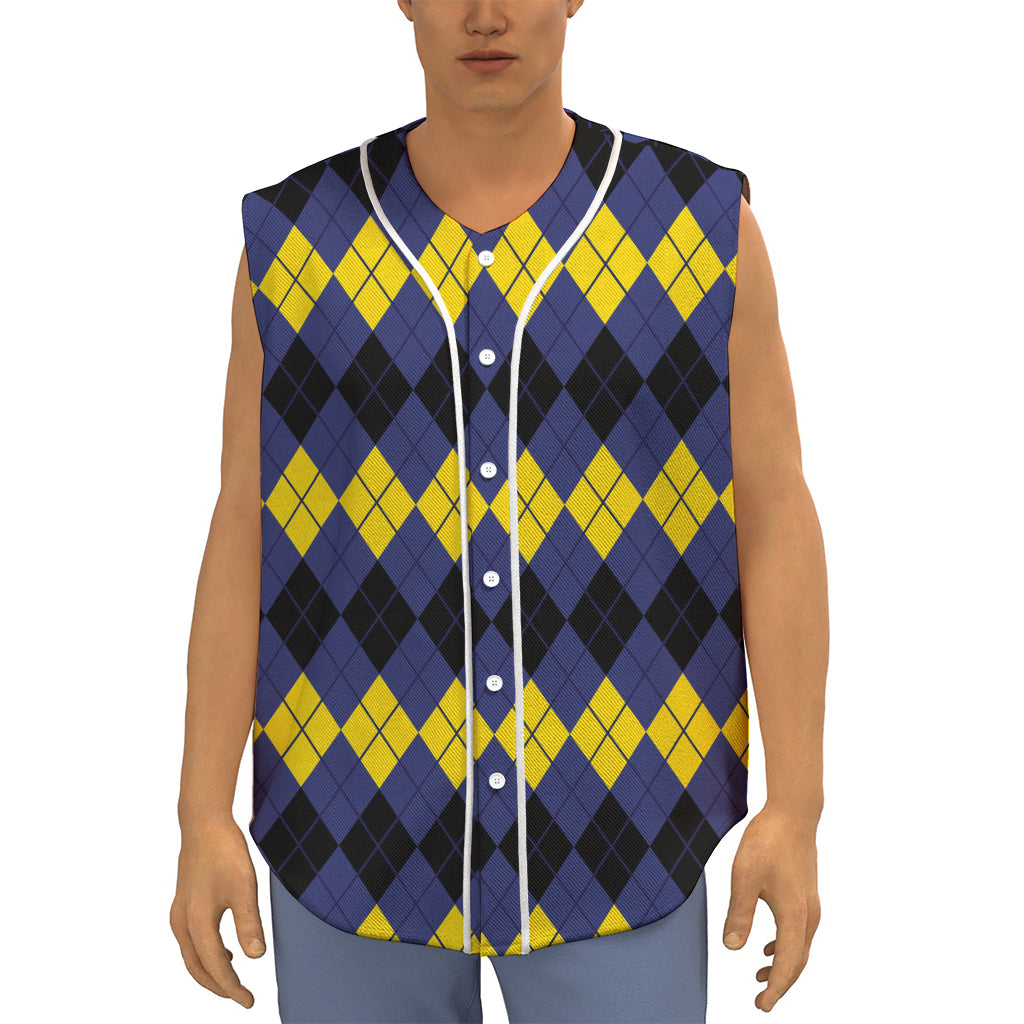 Black Yellow And Blue Argyle Print Sleeveless Baseball Jersey