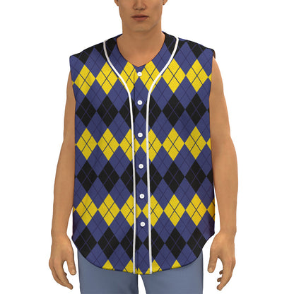 Black Yellow And Blue Argyle Print Sleeveless Baseball Jersey