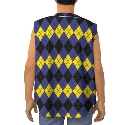 Black Yellow And Blue Argyle Print Sleeveless Baseball Jersey