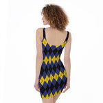 Black Yellow And Blue Argyle Print Sleeveless Bodycon Dress