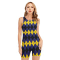 Black Yellow And Blue Argyle Print Sleeveless One Piece Swimsuit