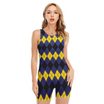 Black Yellow And Blue Argyle Print Sleeveless One Piece Swimsuit