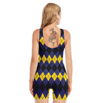 Black Yellow And Blue Argyle Print Sleeveless One Piece Swimsuit