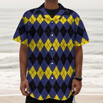 Black Yellow And Blue Argyle Print Textured Short Sleeve Shirt