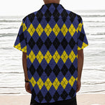 Black Yellow And Blue Argyle Print Textured Short Sleeve Shirt