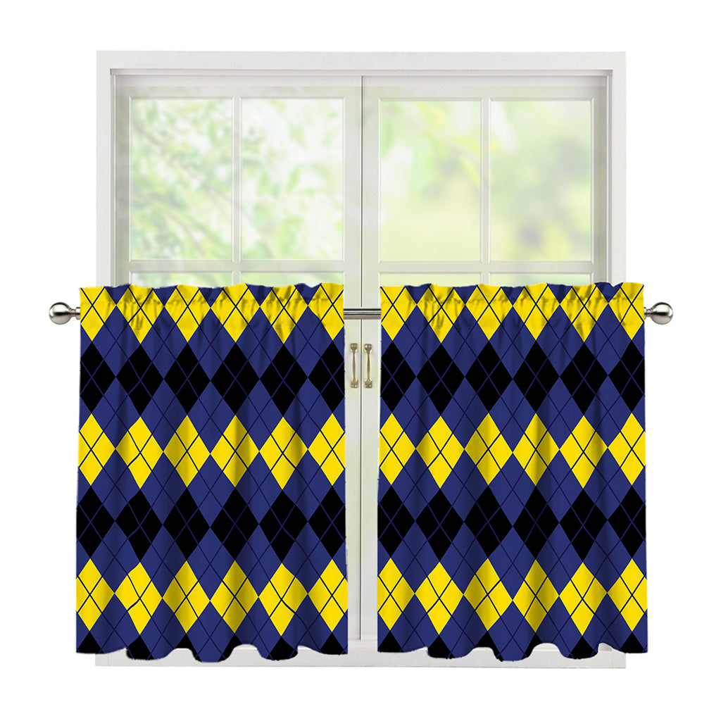 Black Yellow And Blue Argyle Print Tier Curtains