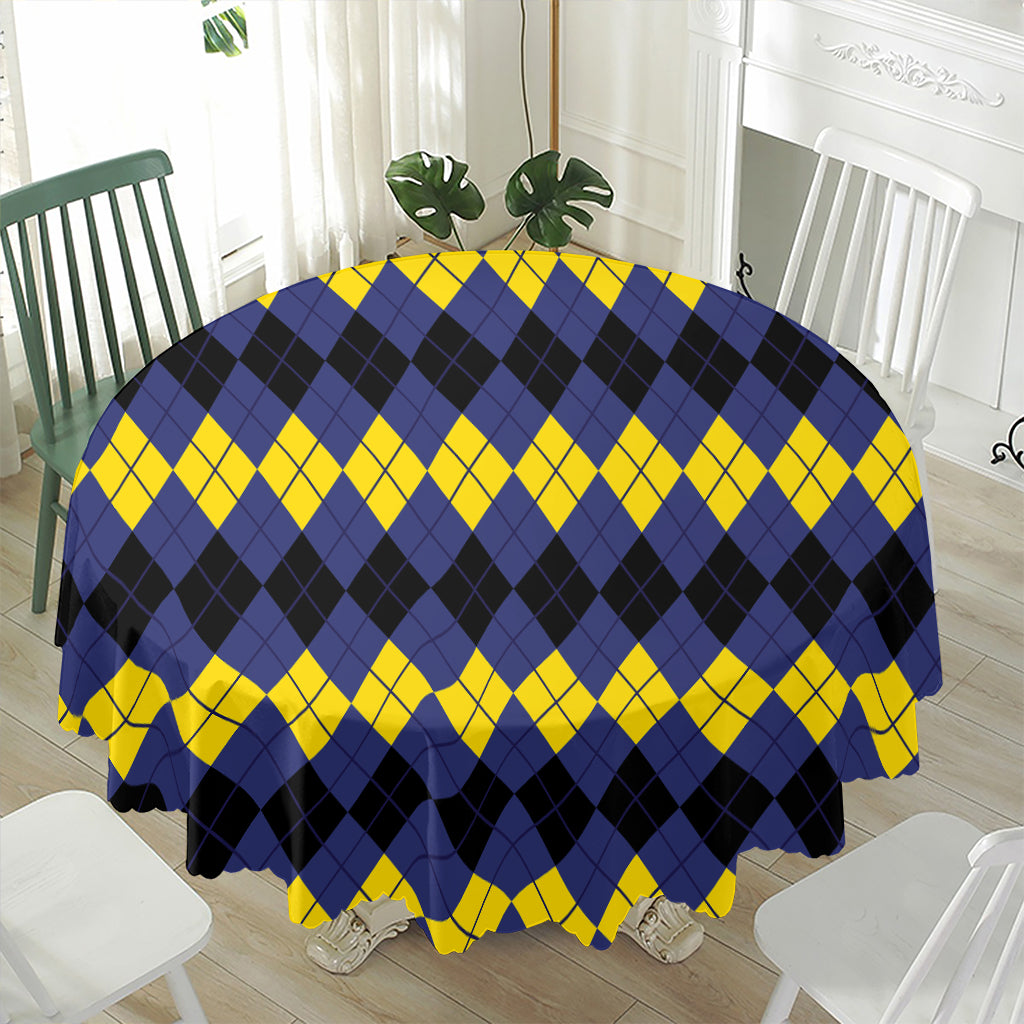 Black Yellow And Blue Argyle Print Waterproof Round Tablecloth