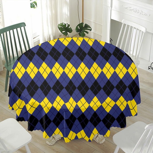Black Yellow And Blue Argyle Print Waterproof Round Tablecloth