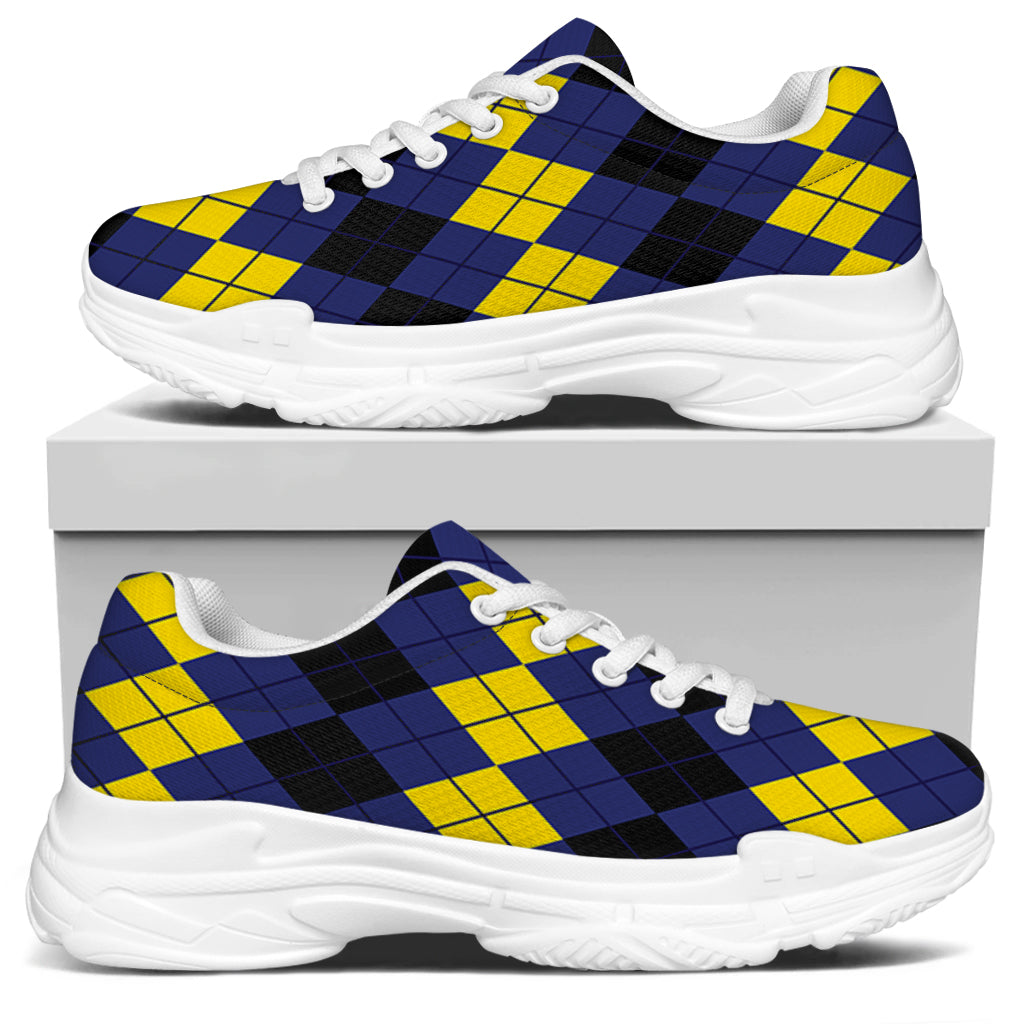 Black Yellow And Blue Argyle Print White Chunky Shoes