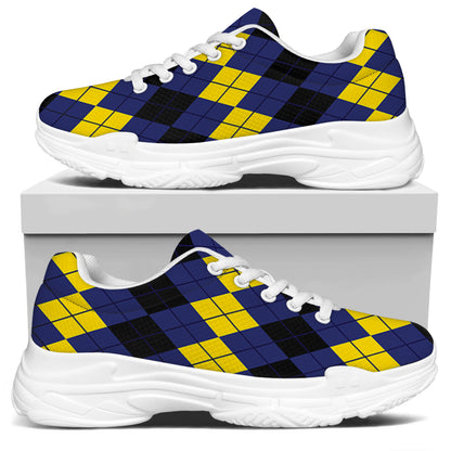 Black Yellow And Blue Argyle Print White Chunky Shoes