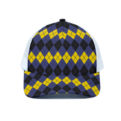 Black Yellow And Blue Argyle Print White Mesh Trucker Cap