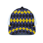 Black Yellow And Blue Argyle Print White Mesh Trucker Cap