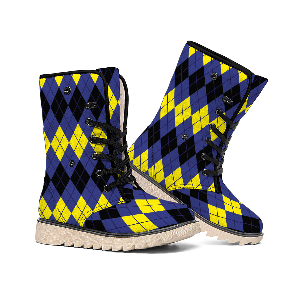 Black Yellow And Blue Argyle Print Winter Boots