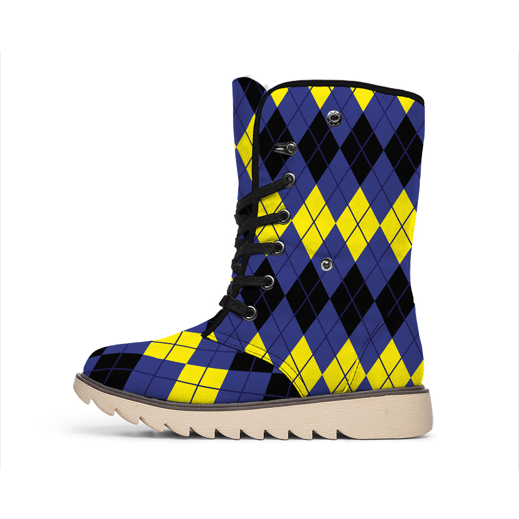 Black Yellow And Blue Argyle Print Winter Boots