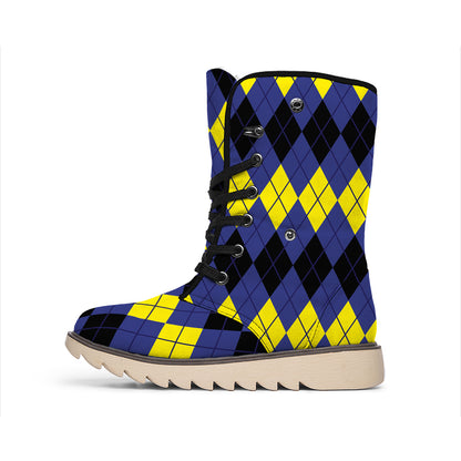 Black Yellow And Blue Argyle Print Winter Boots