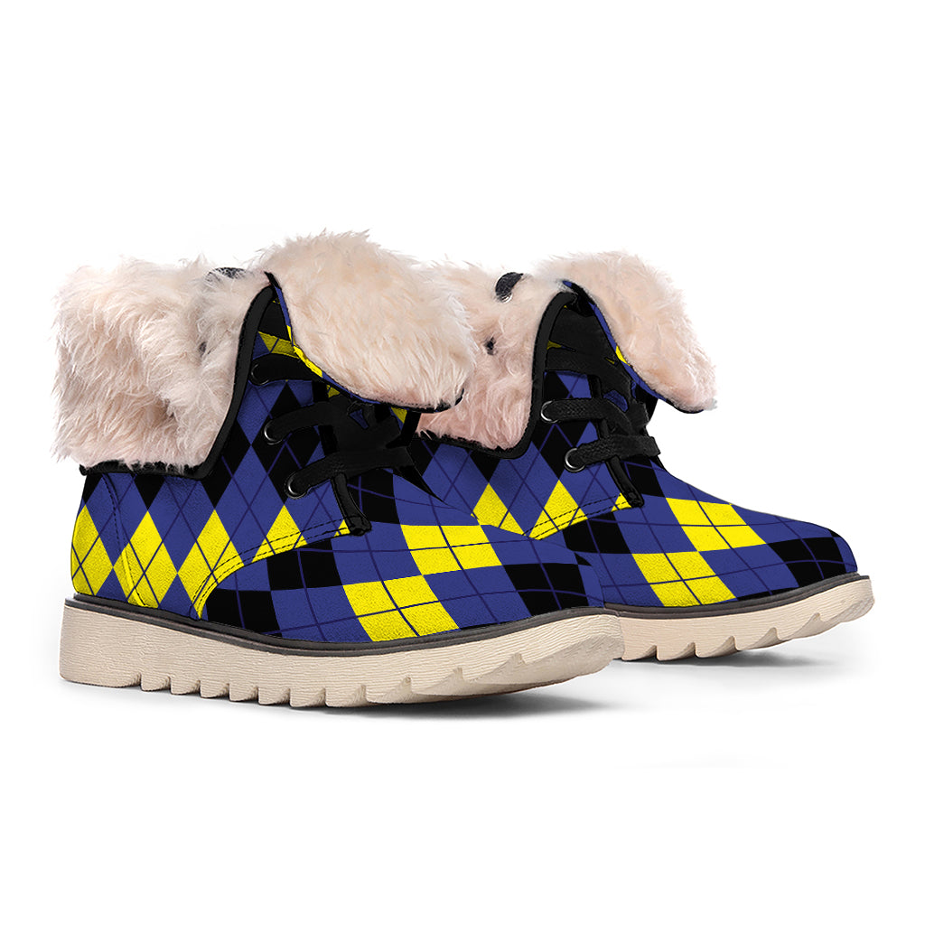 Black Yellow And Blue Argyle Print Winter Boots