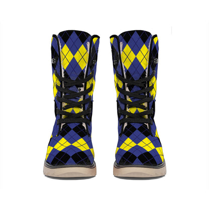 Black Yellow And Blue Argyle Print Winter Boots