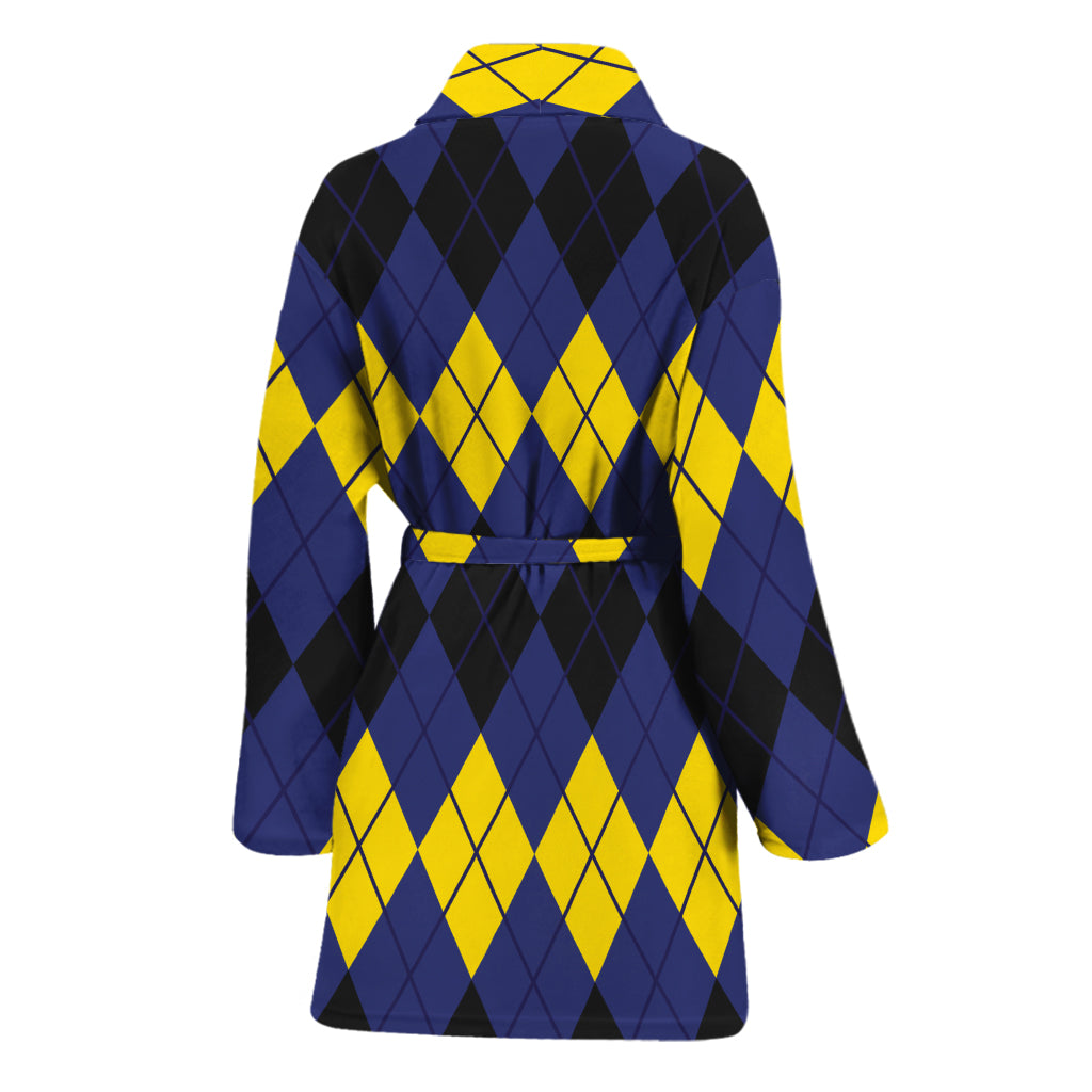 Black Yellow And Blue Argyle Print Women's Bathrobe