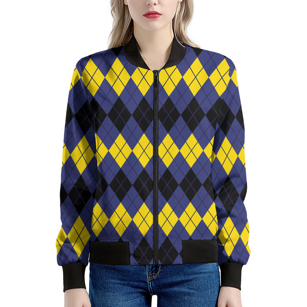 Black Yellow And Blue Argyle Print Women's Bomber Jacket